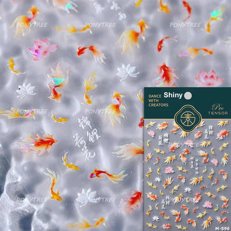 Lotus Flower Leaf Goldfish Ripple Wavelet Water Droplet Lotus Pond Brocaded Carp Self Adhesive Nail Art Stickers Manicure Decals (Online Order Only)