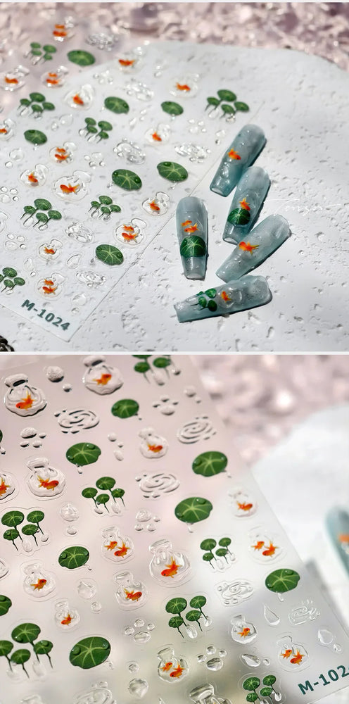 Lotus Flower Leaf Goldfish Ripple Wavelet Water Droplet Lotus Pond Brocaded Carp Self Adhesive Nail Art Stickers Manicure Decals (Online Order Only)