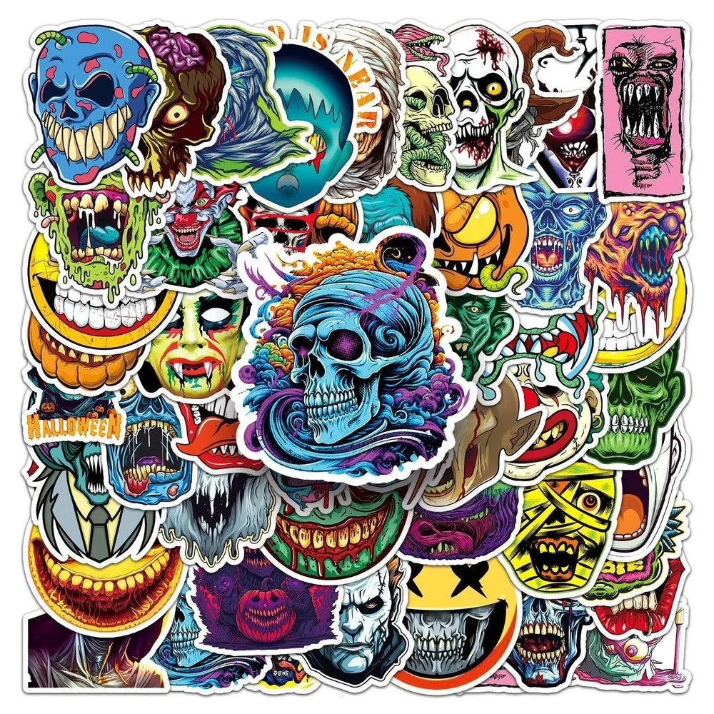 10/50Pcs Cool Pop Zombie Horror Skull Stickers Cartoon Decals DIY Stationery Luggage Laptop Helmet Motorcycle Graffiti Sticker (ONLINE ORDER ONLY)