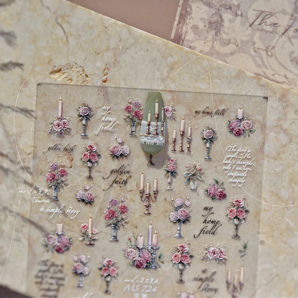 Romantic Candle Holder Lace Rambler Rose Pink Flower Bowknot Candlestick Ribbon Adhesive Nail Art Stickers Shiny Manicure Decals (ONLINE ORDER ONLY)