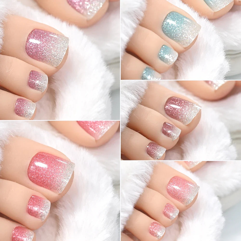 110Pcs 5Sheets Toe Nail Press On Nails Stickers Glitter Gradient Diamond Short Square Shape Toenails Wraps False Toe Nail Patch* (ONLINE ORDER ONLY)
