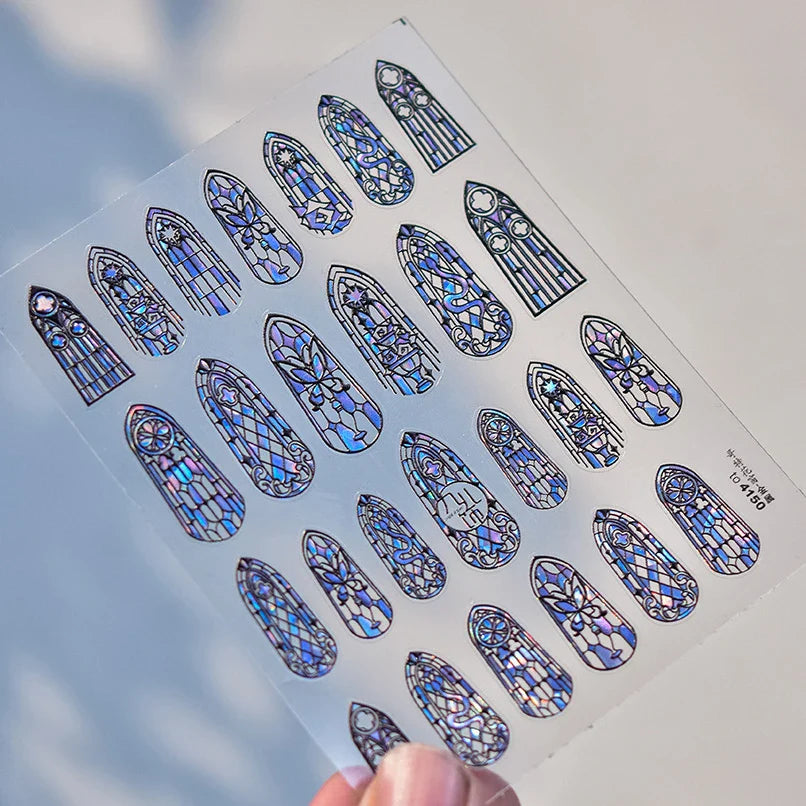 Retro Shiny Glazed Rococo Flower Window Dreamy Butterfly Geometric Frame Stamp Embossed Reliefs Nail Art Stickers Manicure Decal (Online Order Only)