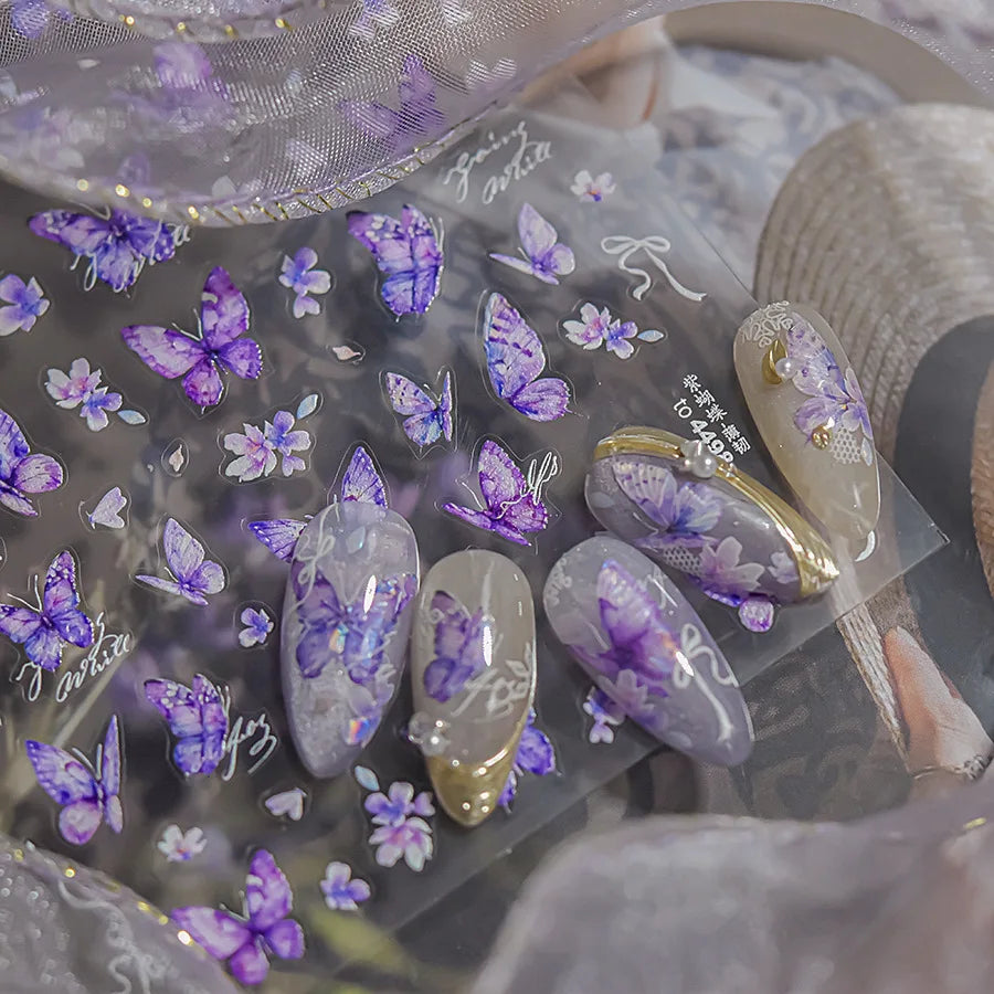 Delicate Tender Purple Butterfly Seal Pattern Insect Shiny Golden Stroke Nail Art Decoration Sticker Dressy Laser Manicure Decal (ONLINE ORDER ONLY)