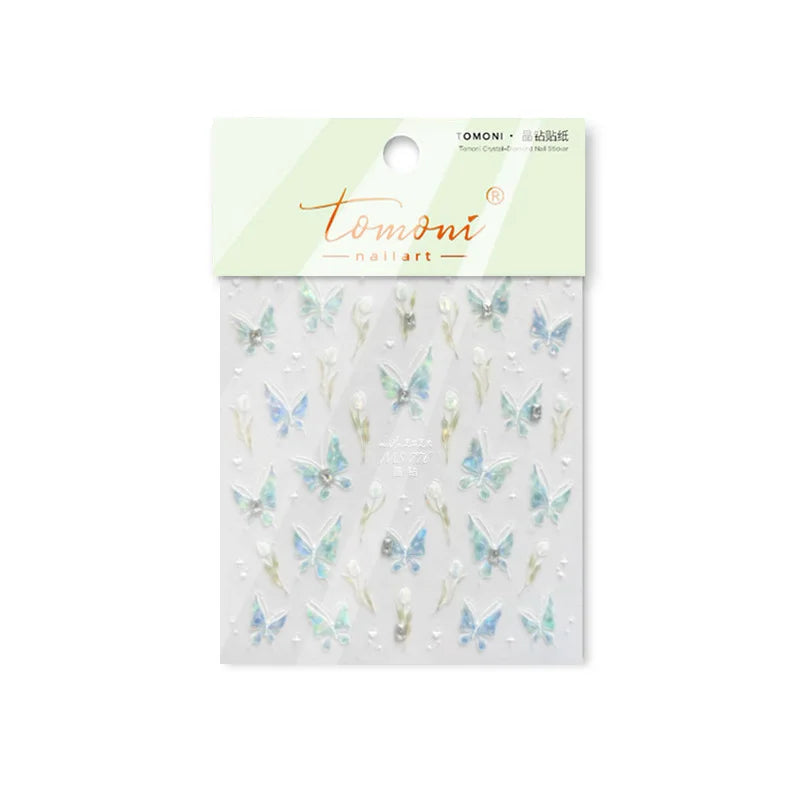 Blue Purple Tulip Flower Butterfly Garden Blossom Floral Charming Delicate 5D Relief Adhesive Nail Art Stickers Manicure Decals (ONLINE ORDER ONLY)