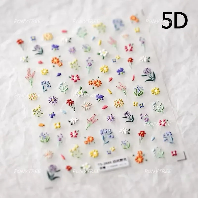 Chic Wild Flower Oil Painting Small Variegated Daisy Peach Blossom Lavender Petal Adhesive Nail Art Stickers Manicure Decals (Online Order Only)