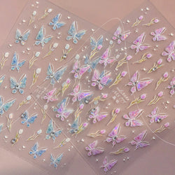 Blue Purple Tulip Flower Butterfly Garden Blossom Floral Charming Delicate 5D Relief Adhesive Nail Art Stickers Manicure Decals (ONLINE ORDER ONLY)