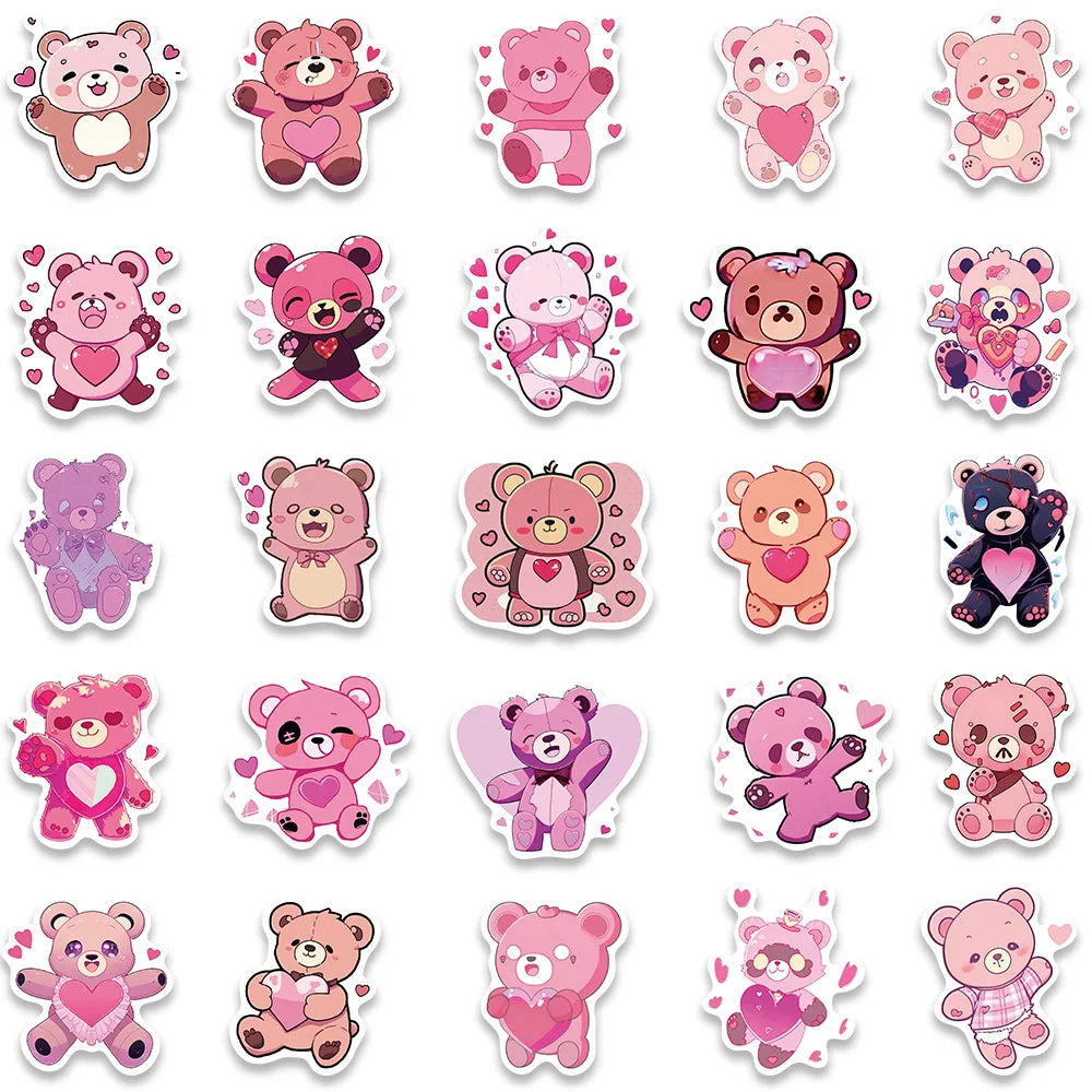 50pcs Cute Cartoon Love Heart Bear Stickers Kids Toy Vinyl Laptop Decals Luggage Phone Diary Guitar Car Waterproof Graffiti (ONLINE ORDER ONLY)