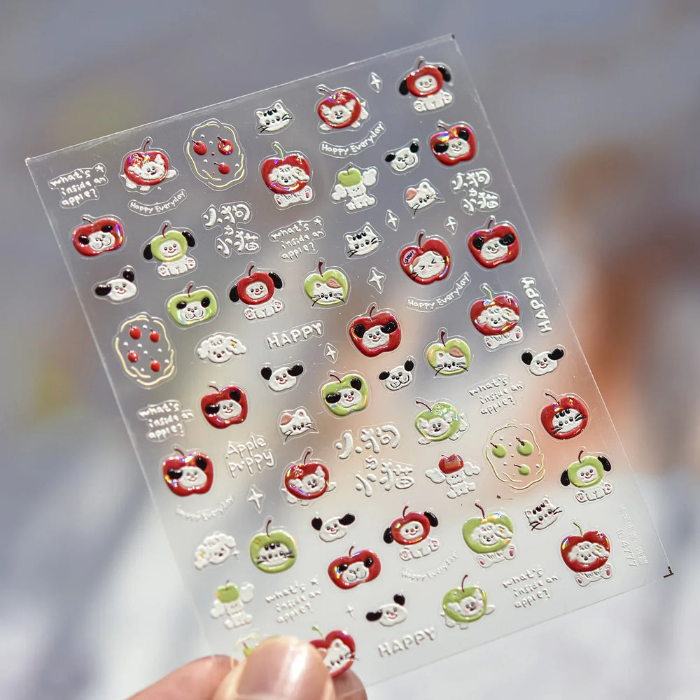 Cute Apple Fruit Dog Puppy Cat Kitten Adhesive Nail Art Sticker Charming Delicate Rhinestone Shiny Manicure Decals Nail Supplies (ONLINE ORDER ONLY)