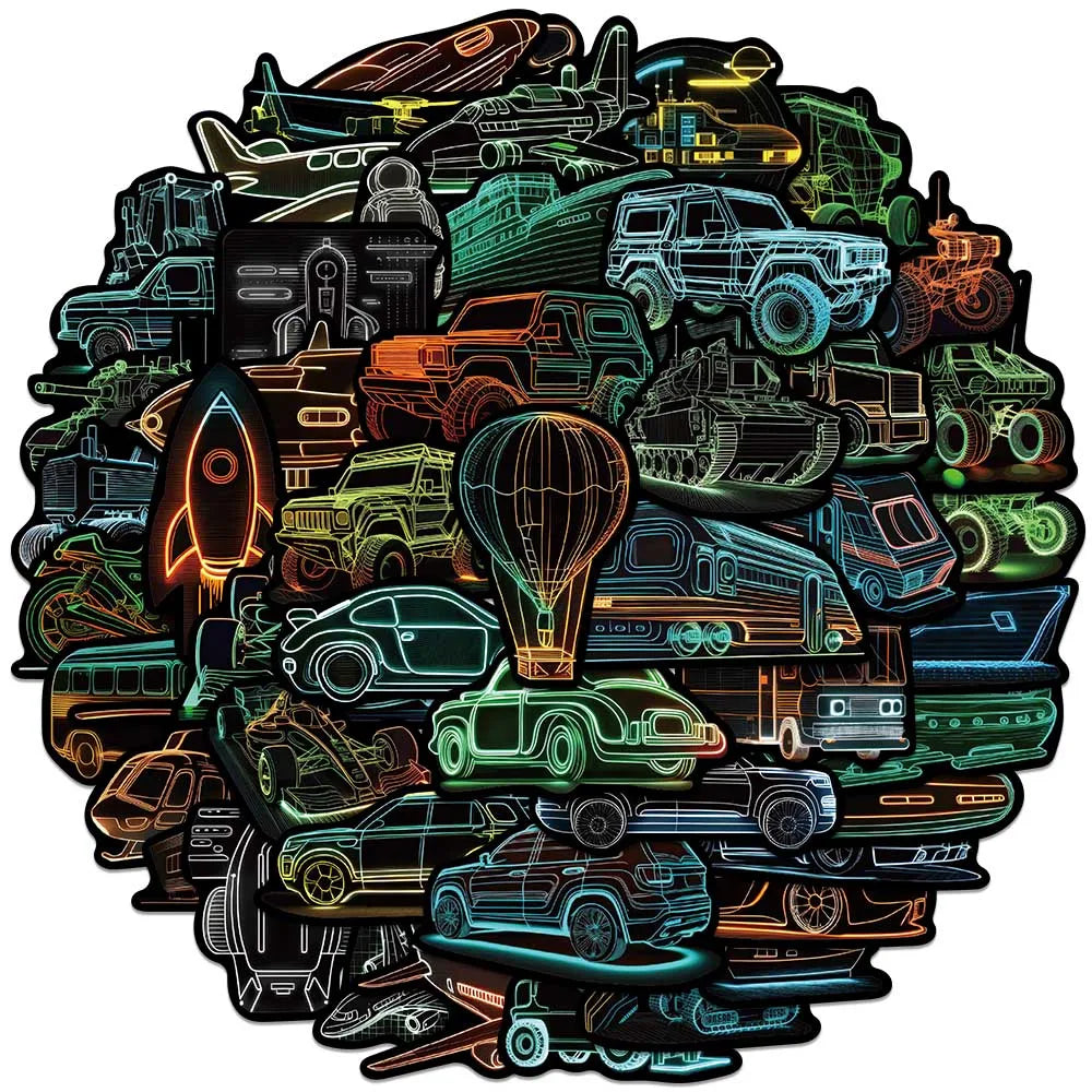50pcs Waterproof Graffiti Funny Cartoon Neon Style traffic transportation Stickers For Laptop Water Bottle Luggage Phone Decals (ONLINE ORDER ONLY)