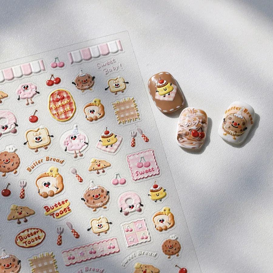 Toast Butter Brioche Bread Dim Sum Cookie Cherry Pudding Food Fork Doughnut Relief Adhesive Nail Art Stickers Manicure Decals (ONLINE ORDER ONLY)
