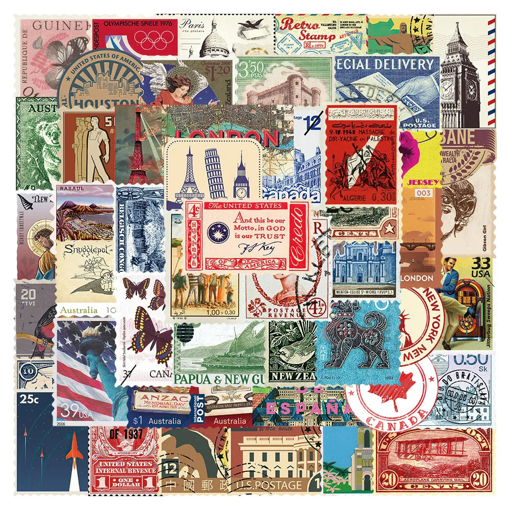 50pcs Retro Travel Stamps For Laptop Phone Water Bottle DIY Waterproof Graffiti Skateboard Car Decals Kids Toy (Online Order Only)