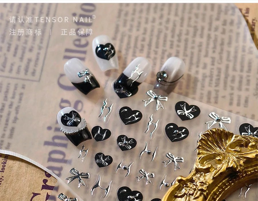 Black Silver Bowknot Love Heart Lace Irregular Line Lava Chic Self Adhesive Nail Art Stickers Embossed Reliefs Manicure Decals (Online Order Only)