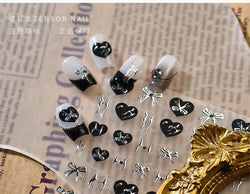 Black Silver Bowknot Love Heart Lace Irregular Line Lava Chic Self Adhesive Nail Art Stickers Embossed Reliefs Manicure Decals (Online Order Only)