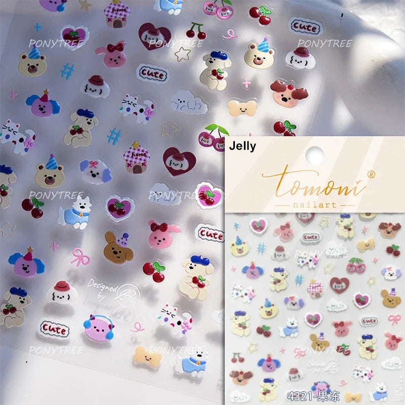 Cute Apple Fruit Dog Puppy Cat Kitten Adhesive Nail Art Sticker Charming Delicate Rhinestone Shiny Manicure Decals Nail Supplies (ONLINE ORDER ONLY)