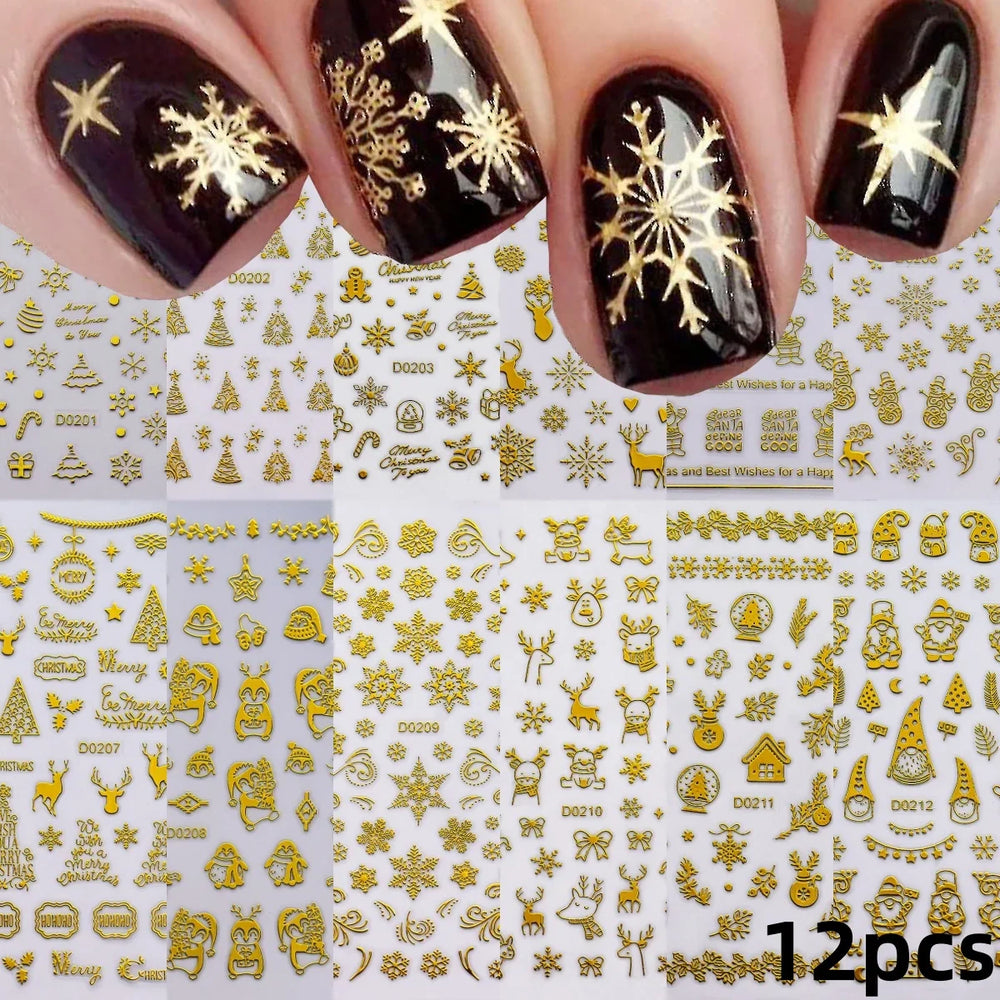 12pcs Cute Christmas Nail Decals Santa Claus Elk Penguin Snowman Cartoon Nail Stickers 3D Self-adhesive Sliders Manicure Decor * (Online Order Only)