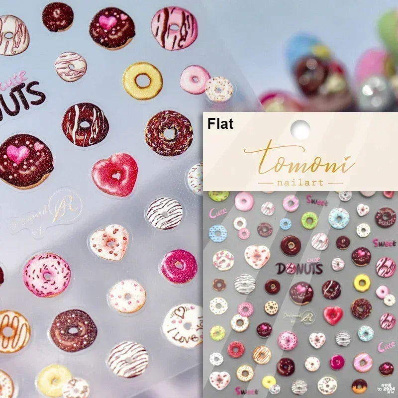Colorful Food Pudding Alkali Water Bowknot Cream Fork Cup Bread Jelly Fruit Cartoon Cake Relief Nail Art Sticker Manicure Decals (ONLINE ORDER ONLY)