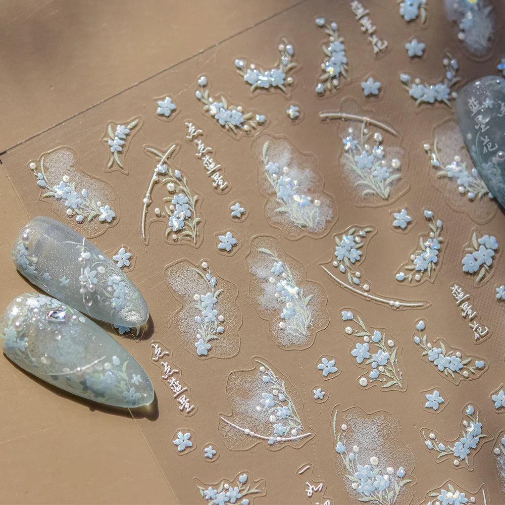 Hazy Feeling Bluestar-Amsonia Hubristic Blue Star Flower Floral Print 5D Soft Embossed Adhesive Nail Art Sticker Manicure Decals (ONLINE ORDER ONLY)