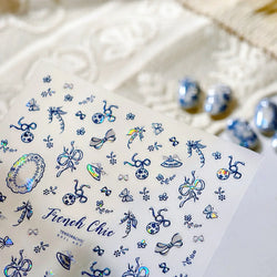 French Chic Blue Line Bowknot Fan Flower Leaves Butterfly Lace Frame Bell Shiny Self Adhesive Nail Art Stickers Manicure Decals (ONLINE ORDER ONLY)