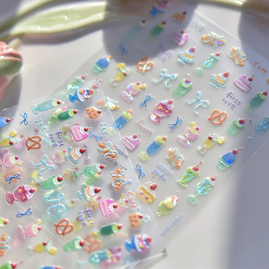 Colorful Food Pudding Alkali Water Bowknot Cream Fork Cup Bread Jelly Fruit Cartoon Cake Relief Nail Art Sticker Manicure Decals (ONLINE ORDER ONLY)
