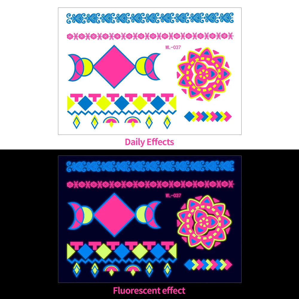 1pc Bohemia Fluorescent Sticker Luminous Temporary Tattoos Stickers UV Glow Fluorescent Tattoo Waterproof For Body Art Decals *& (Online Order Only)