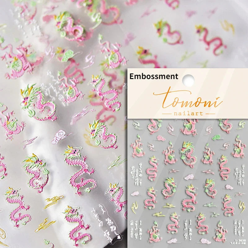 Retro Embroidered Dragon Red Pink Blue White Porcelain Chinese 3D Embossed Relief Self Adhesive Nail Art Stickers Manicure Decal (ONLINE ORDER ONLY)