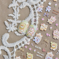 Spring Dog Bear Toy Rose Flower Floral Print Letter Bone Butterfly Cat Puppy Relief Adhesive Nail Art Stickers Manicure Decals (Online Order Only)