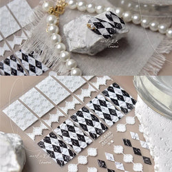 French Style Geometric Black White Square Grid Rhombus Stripe 3D Self Adhesive Nail Art Stickers Shiny Rhinestone Manicure Decal (ONLINE ORDER ONLY)