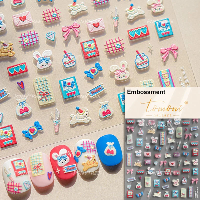 Graffiti Rabbit Dog Bunny Milk Strawberry Jewel Candy Knife Envelope Soft Relief Adhesive Nail Art Stickers Cute Manicure Decals (Online Order Only)