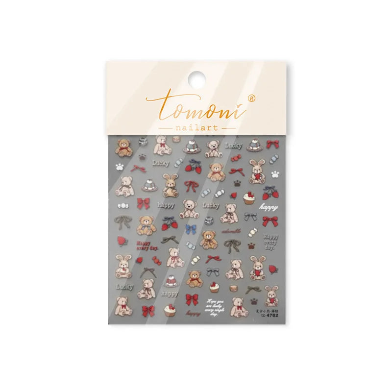 Charm Retro Bear Candy Cake Bowknot Rabbit Bunny Strawberry Footprint Muffin 3D Adhesive Nail Art Stickers Chic Manicure Decals (ONLINE ORDER ONLY)