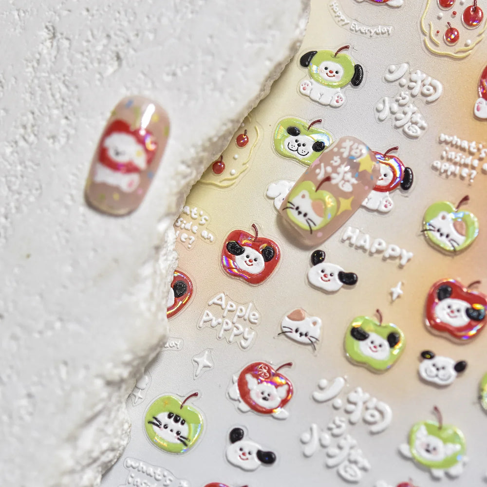 Cute Apple Fruit Dog Puppy Cat Kitten Adhesive Nail Art Sticker Charming Delicate Rhinestone Shiny Manicure Decals Nail Supplies (ONLINE ORDER ONLY)