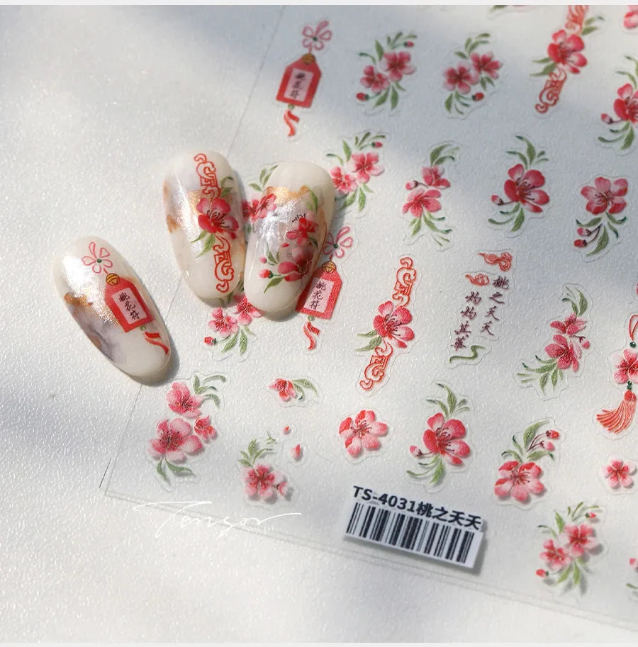 Graceful Peach Blossom Blessing Sachet Pretty Buckle Tassels Pendant Antique Radiant Adhesive Nail Art Stickers Manicure Decals (ONLINE ORDER ONLY)