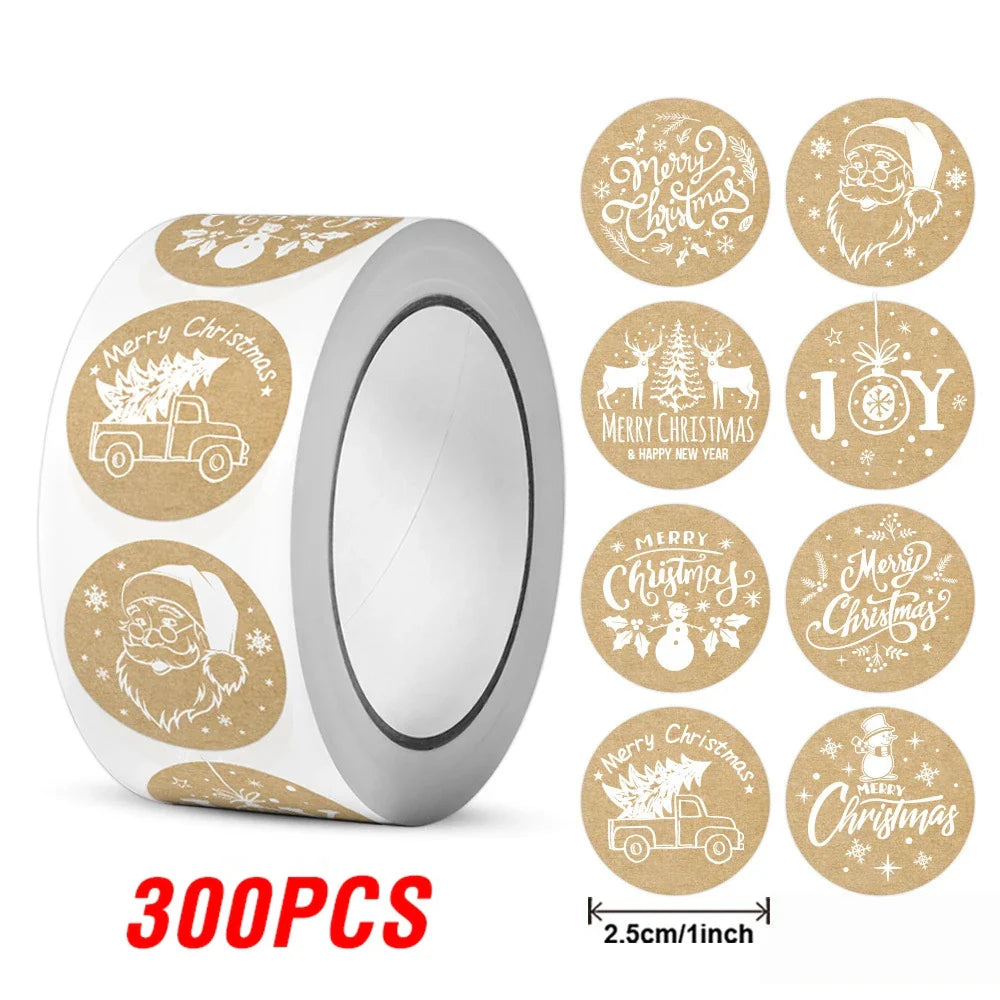 100-500pcs Kraft Paper Christmas Stickers New Year Thank You Stickers Christmas Decoration  For Card Gift Box Package 1inch (ONLINE ORDER ONLY)
