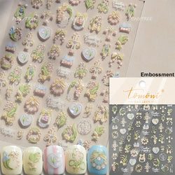 Spring Pink Lily of The Valley Flowers Blooming Blue Bowknot Heart 5D Soft Relief Self Adhesive Nail Art Sticker Manicure Decals (Online Order Only)