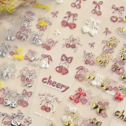 Colourful Cherry Abundant Fruits Bowknot Shiny White Line Outline Self Adhesive Nail Art Stickers Chic Rhinestone Manicure Decal (ONLINE ORDER ONLY)