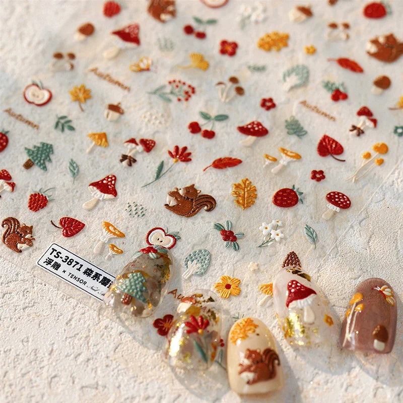 Squirrel Mushroom Apple Strawberry Cherry Pinecone Ginkgo Leaf Self Adhesive Nail Art Stickers Butterfly Flower Manicure Decals (ONLINE ORDER ONLY)