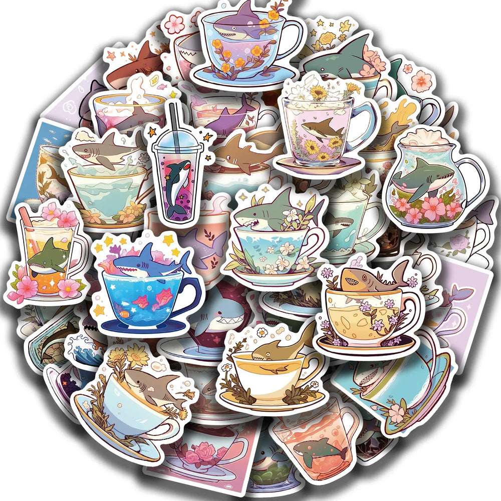 50pcs Shark And Cup Stickers Cartoon Waterproof Pvc Decals for Skateboard Helmet Laptop Bicycle Motorcycle Stickers Kids Toy (ONLINE ORDER ONLY)