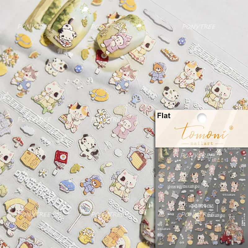 Spring Dog Bear Toy Rose Flower Floral Print Letter Bone Butterfly Cat Puppy Relief Adhesive Nail Art Stickers Manicure Decals (Online Order Only)