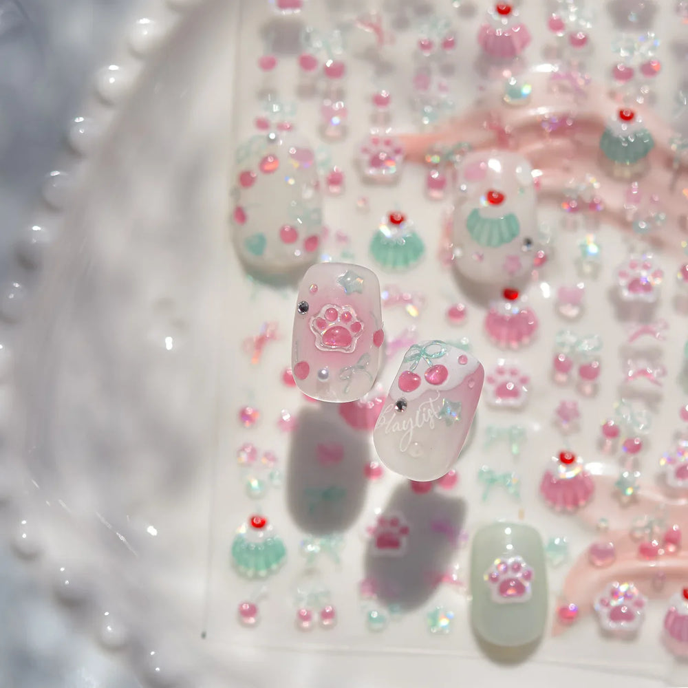 Colored Shiny Jelly Claw Paw Pudding Dessert Cherry Bowknot Cake Bow Tie Drink Food Love Heart Nail Art Sticker Manicure Decal (ONLINE ORDER ONLY)