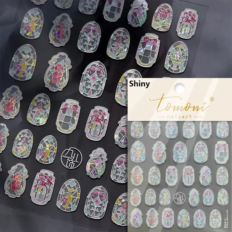 Geometric French Style Colorful Square Grid Rhombus Line Stripe Bowknot 3D Self Adhesive Nail Art Stickers Shiny Manicure Decals (ONLINE ORDER ONLY)