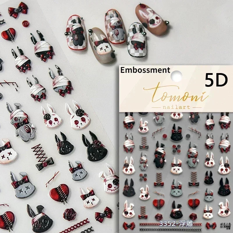 Cat Eye Halloween Terror Spider Cross Rose Love Heart Flower Snake Web Candy Bunny Thrilling Nail Art Stickers Manicure Decals (Online Order Only)