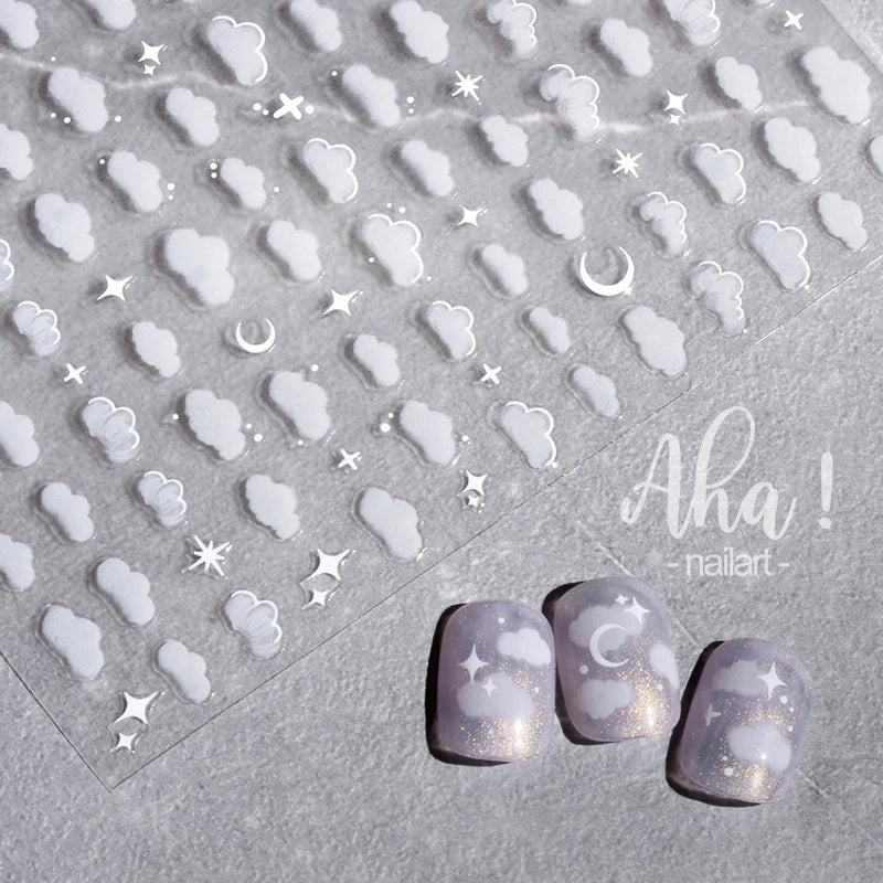 1pc Cute White Cloud Nail Stickers Ultra Thin Nail Art Stickers Self Adhesive Decals Star Moon/Flower/Clouds Kawaii Nail Decals (Online Order Only)