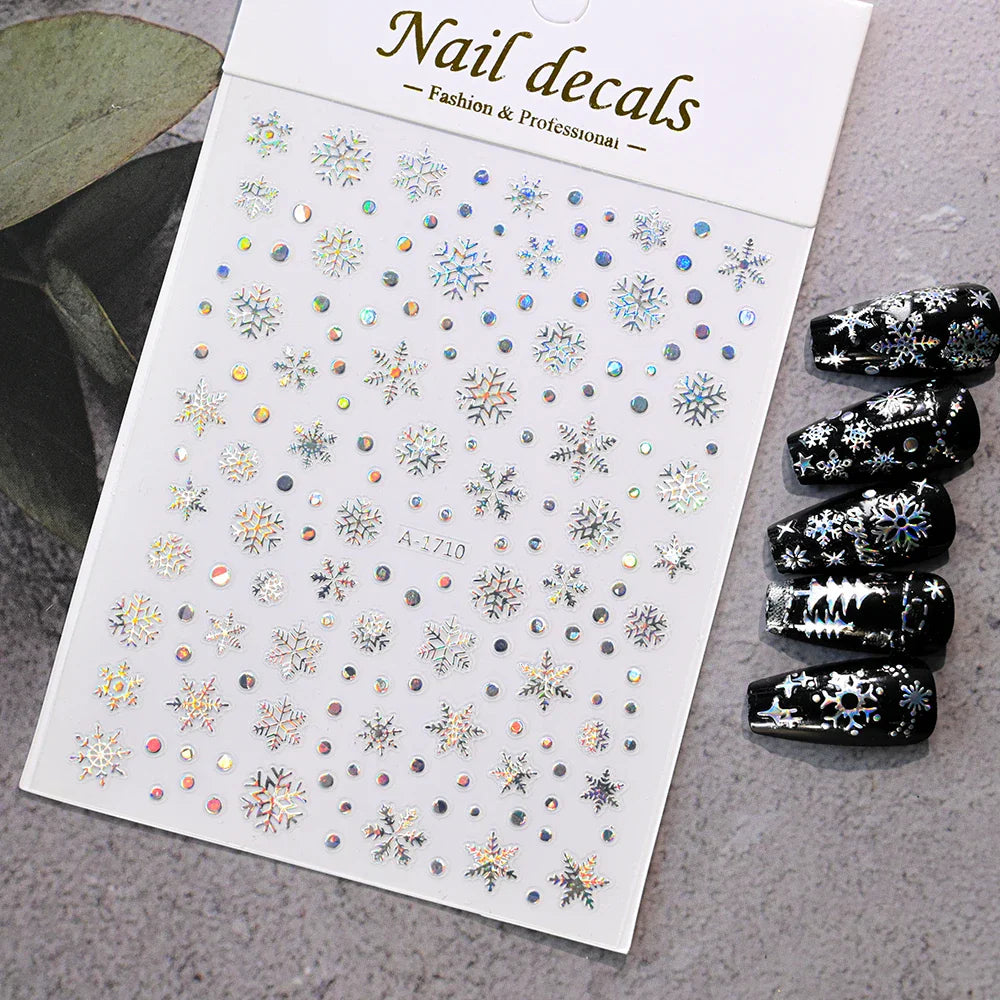 3D Gold Glitter Snowflake Nail Sticker Winter Reflective Elk Star Balloon Christmas Tree Foil Xmas New Year Decal Tips Decoratio (ONLINE ORDER ONLY)