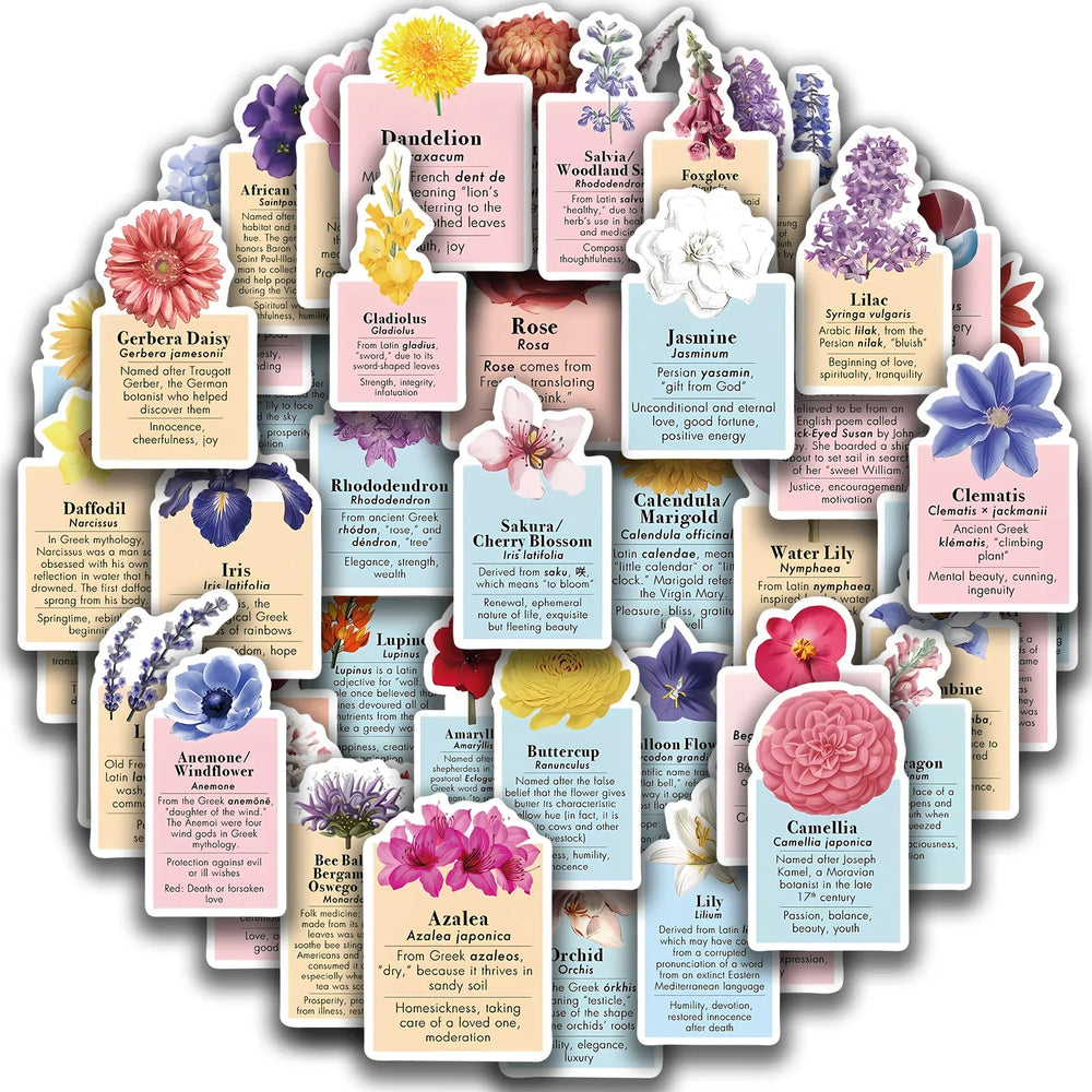 50pcs Ins Style Flower Language Stickers For Skateboard Notebook Laptop Phone Bike Wall Sticker Toys Aesthetic DIY Decoration (ONLINE ORDER ONLY)