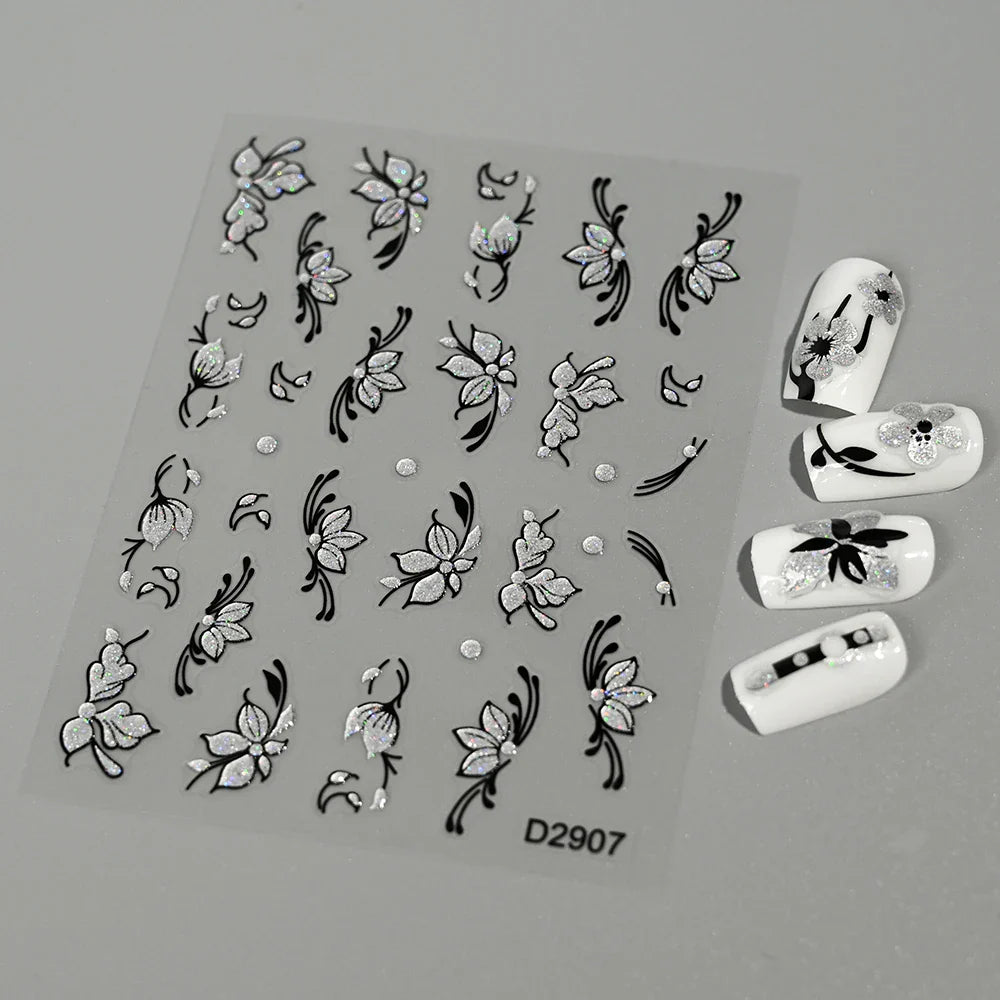 1pcs 5D Floral Nail Art Stickers Acrylic Flowers Decals with Glitter Self-Adhesive Elegant Silver Black Blossoms Theme Nail Art* (ONLINE ORDER ONLY)