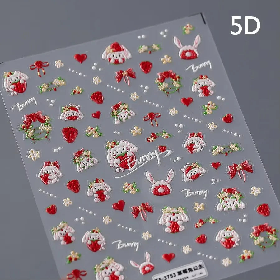 Colorful Food Pudding Alkali Water Bowknot Cream Fork Cup Bread Jelly Fruit Cartoon Cake Relief Nail Art Sticker Manicure Decals (ONLINE ORDER ONLY)