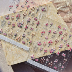 Romantic Candle Holder Lace Rambler Rose Pink Flower Bowknot Candlestick Ribbon Adhesive Nail Art Stickers Shiny Manicure Decals (ONLINE ORDER ONLY)