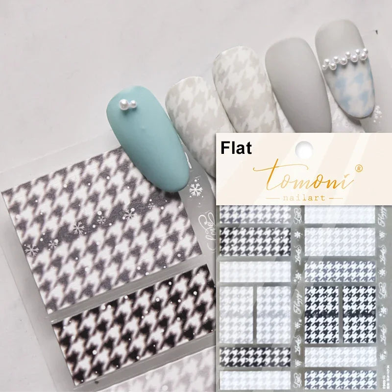 French Style Geometric Black White Square Grid Rhombus Stripe 3D Self Adhesive Nail Art Stickers Shiny Rhinestone Manicure Decal (ONLINE ORDER ONLY)