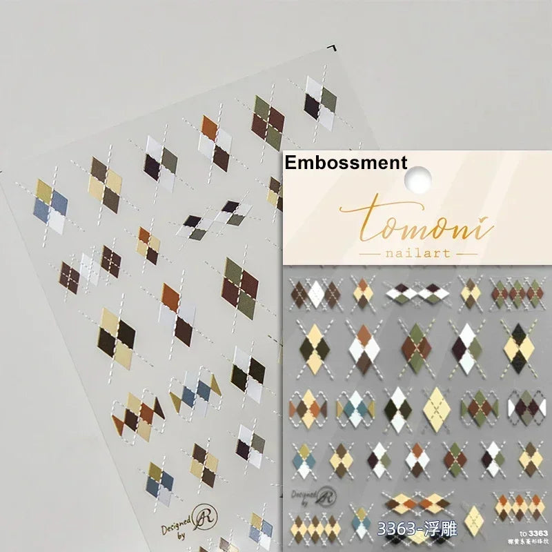 Geometric French Style Colorful Square Grid Rhombus Line Stripe Bowknot 3D Self Adhesive Nail Art Stickers Shiny Manicure Decals (ONLINE ORDER ONLY)