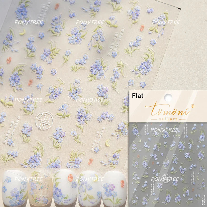 Hazy Feeling Bluestar-Amsonia Hubristic Blue Star Flower Floral Print 5D Soft Embossed Adhesive Nail Art Sticker Manicure Decals (ONLINE ORDER ONLY)