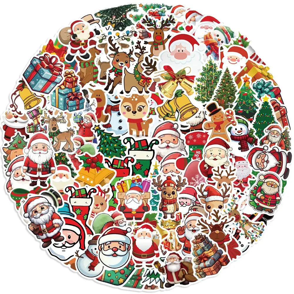 10/50/100pcs Cute Santa Claus Christmas Decoration Stickers Laptop Phone Snowboard Luggage Fridge Kids New Year Gift Toy Sticker (Online Order Only)